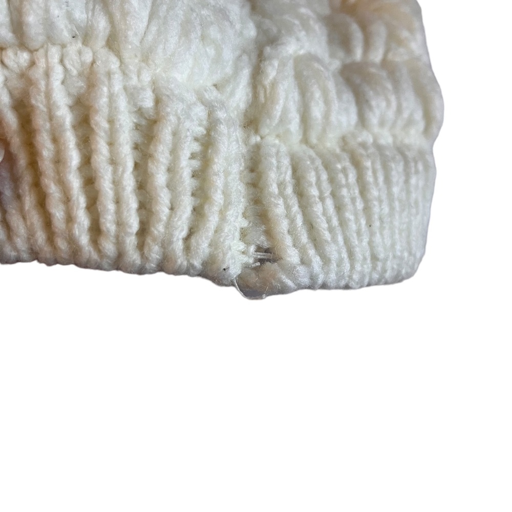 Express Knit Beanie Hat Adult One Size Ivory Stretch Slouchy Gray Faux Fur Pom - Picture 5 of 7